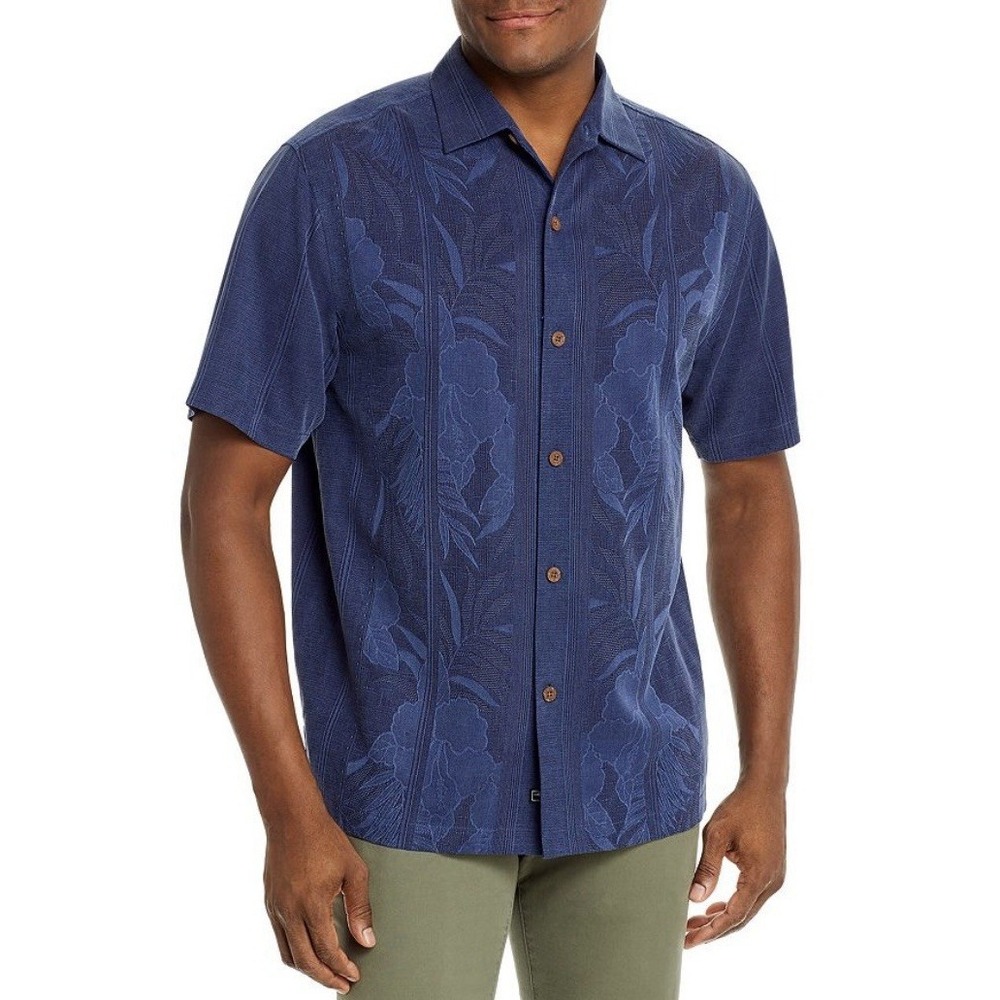 Tommy Bahama Shirt Mens XL Blue Original Fit Silk Blend Jacquard Floral Camp
